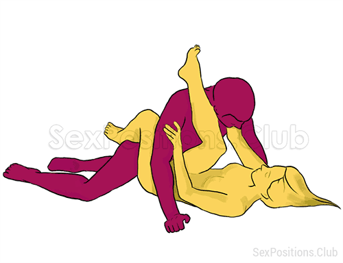 Posición sexual #127 - Acróbata. (cara a cara, acostado, el hombre encima). Kamasutra - Imágenes, fotos, ilustraciones