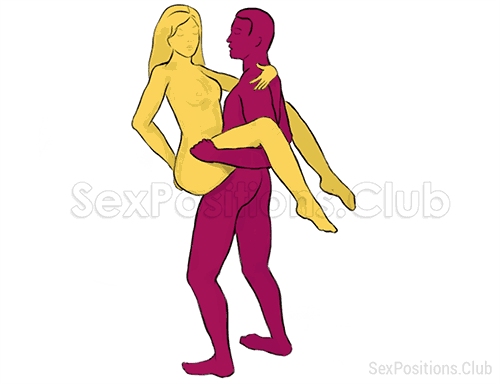 Posición sexual #96 - Balancín. (cara a cara, de pie, la mujer encima). Kamasutra - Imágenes, fotos, ilustraciones
