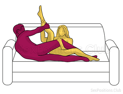 Posición sexual #257 - Rehén. (sexo anal, cruzado, de lado, acostado). Kamasutra - Imágenes, fotos, ilustraciones