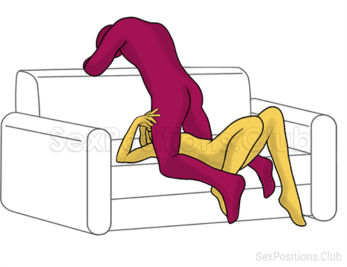 Posición sexual #341 - Garganta profunda. (en el sofá, sexo oral, mamada, de rodillas). Kamasutra - Imágenes, fotos, ilustraciones