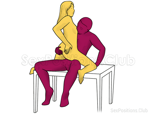Posição de sexo #394 - Cowgirl sobre a mesa. (sexo anal, cowgirl, mulher em cima, cara a cara, sentada). Kamasutra - Imagens, fotos