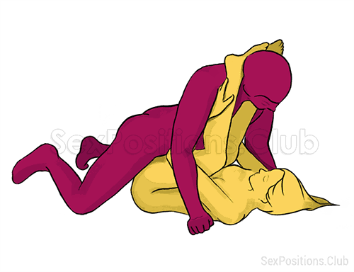 Sex position #115 - Anvil. (Knees to Chest, face to face, lying down, man on top). Kamasutra - Photo, picture, image
