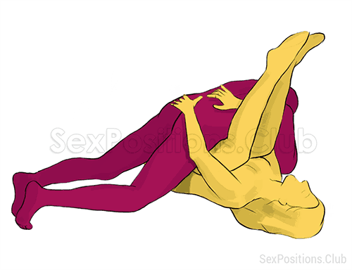 Sex position #139 - Rainbow. (criss cross, lying down, man on top). Kamasutra - Photo, picture, image