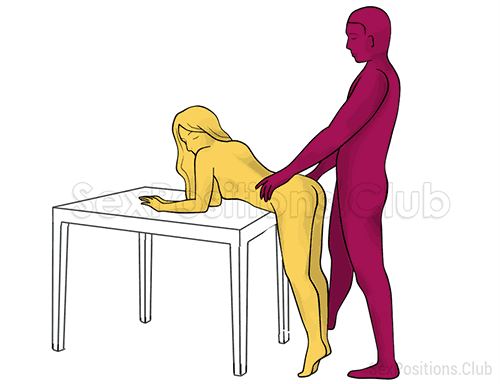 Sex position #249 - Mature lady (on the table). (anal sex, doggy style, from behind, rear entry, standing,). Kamasutra - Photo, picture, image