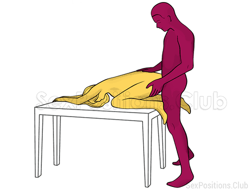 Sex position #454 - Worship (on the table). (anal sex, doggy style, from behind, rear entry, standing). Kamasutra - Photo, picture, image