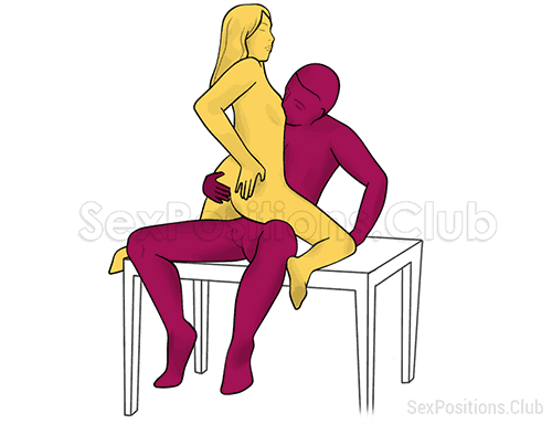 Sex position #394 - Cowgirl (on the table). (anal sex, cowgirl, woman on top, face to face, sitting). Kamasutra - Photo, picture, image