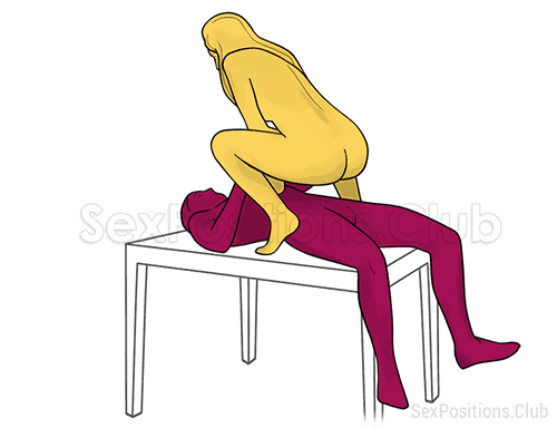 Sex position #366 - Downstroke (on the table). (anal sex, cowgirl, woman on top). Kamasutra - Photo, picture, image