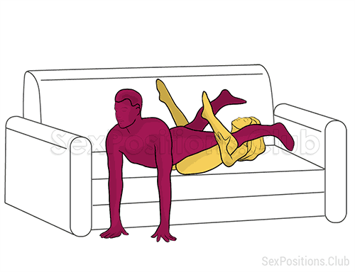 Sex position #384 - Slide (on the sofa). (reverse, man on top, lying down). Kamasutra - Photo, picture, image