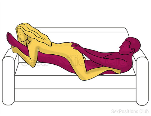 Sex position #520 - Lincoln (on the sofa). (woman on top, reverse, lying down). Kamasutra - Photo, picture, image