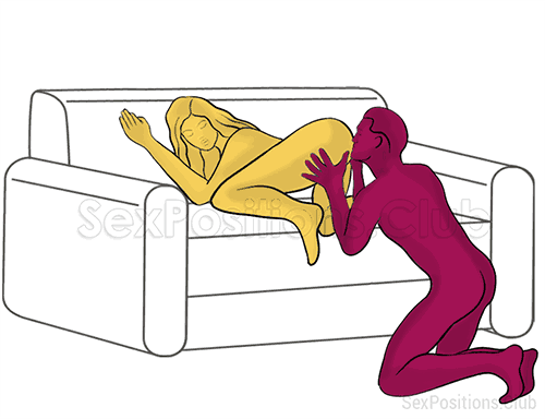 Sex position #495 - Ghetto (on the sofa). (oral sex, cunnilingus, from behind, kneeling). Kamasutra - Photo, picture, image