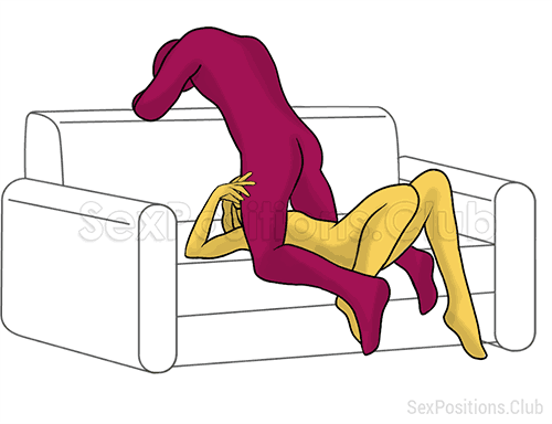 Sex position #341 - Deep throat. (on the sofa, oral sex, blowjob, kneeling). Kamasutra - Photo, picture, image