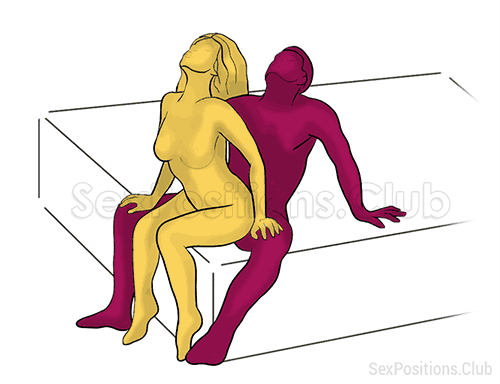 Sex position #450 - Comfortable place (on the bed). (anal sex, woman on top, from behind, sitting). Kamasutra - Photo, picture, image