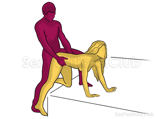 Sex position #496 - Doggy on the edge - 2 (on the bed). (anal sex, doggy style, from behind, rear entry, standing). Kamasutra - Photo, picture, image