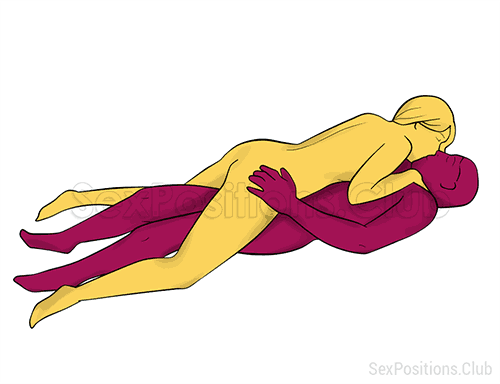 Sex position #283 - Lizard. (woman on top, face to face, spooning, lying down). Kamasutra - Photo, picture, image